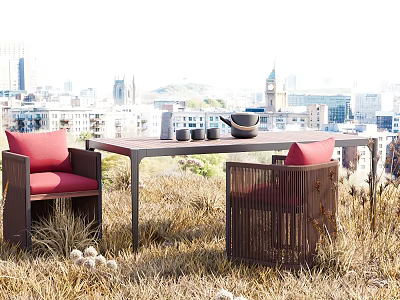Outdoor Table with Two Red Cushioned Chairs Bowl Cups City View Grass Hay Surroundings 3d model