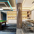 Modern Billiard Room Interior With Wooden Table Pendant Lights Comfortable Seats And Decorative Carpets