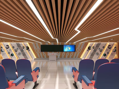 Modern Conference Room Interior With Blue Seats Wooden Slatted Ceiling Large Screen And Lighting 3d model