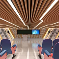 Modern Conference Room Interior With Blue Seats Wooden Slatted Ceiling Large Screen And Lighting