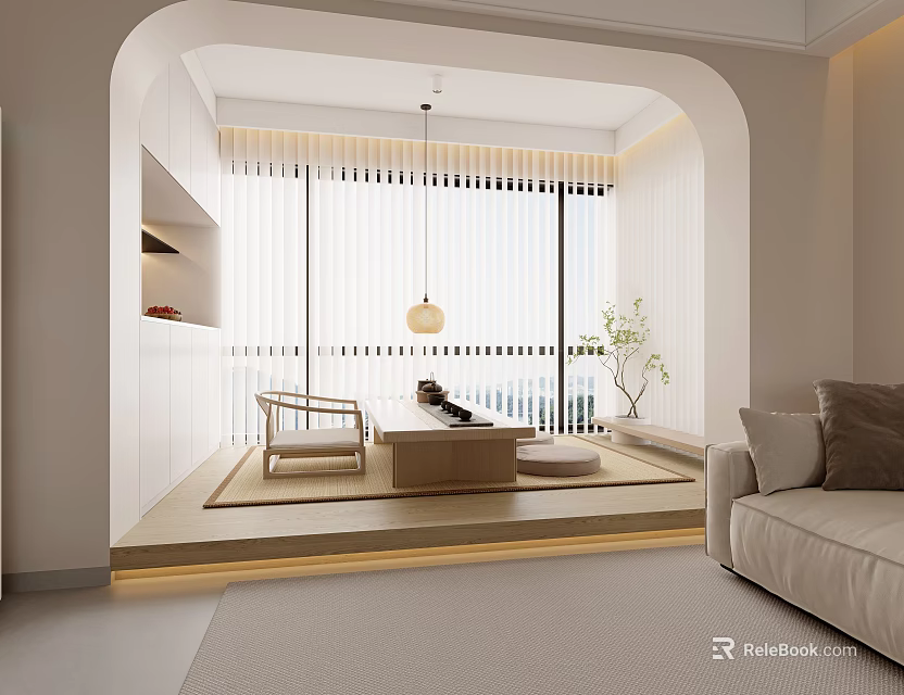 Modern Minimalist Tea Room Interior With Floor to Ceiling Windows Rattan Chair and Soft Lighting 3d model 