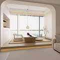 Modern Minimalist Tea Room Interior With Floor to Ceiling Windows Rattan Chair and Soft Lighting