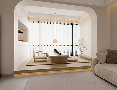 Modern Minimalist Tea Room Interior With Floor to Ceiling Windows Rattan Chair and Soft Lighting 3d model