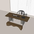 Minimalist Wooden Tea Table and Chair with Tea Set by Window Blinds