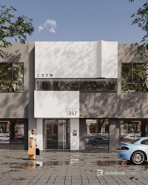 Modern Storefront with CYTW Signage 3862 Number White Panels and Glass Windows 3d model 