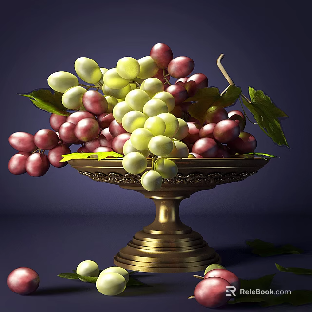 Fresh Green And Purple Grapes In Golden Tray With Leaves 3d model 