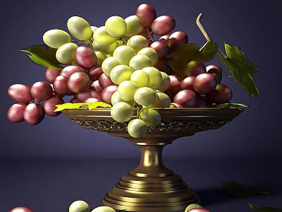 Fresh Green And Purple Grapes In Golden Tray With Leaves 3d model