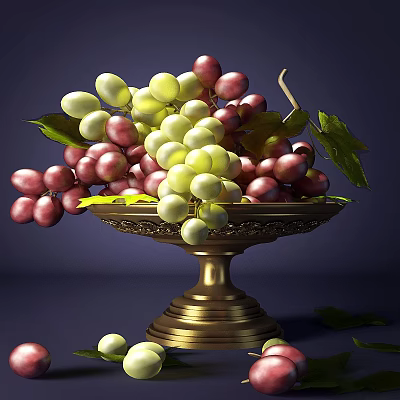 Fresh Green And Purple Grapes In Golden Tray With Leaves 3d model Fresh Green And Purple Grapes In Golden Tray With Leaves 3d model