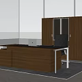 Walnut Office Desk With Cabinet Chair And Large Windows Green View On Rug
