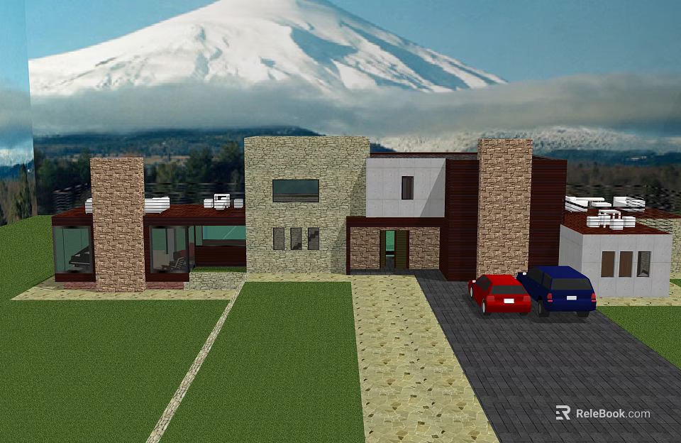 Modern Detached Villa Exterior With Snow Capped Mountain View Lawn And Driveway 3d model 