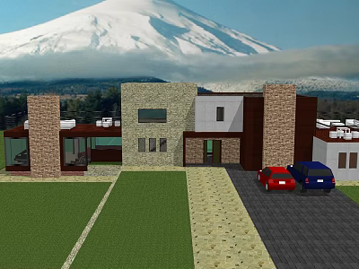 Modern Detached Villa Exterior With Snow Capped Mountain View Lawn And Driveway 3d model