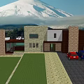 Modern Detached Villa Exterior With Snow Capped Mountain View Lawn And Driveway