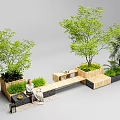 Wooden Outdoor Bench With Lush Green Trees And Plants In Outdoor Space