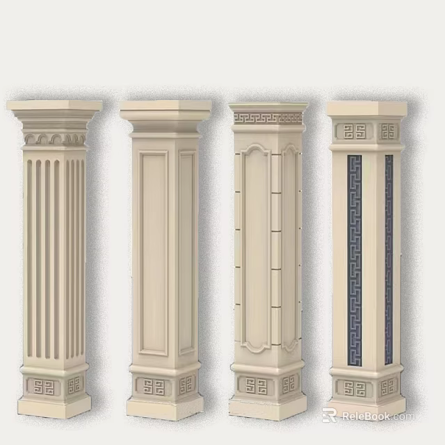 Classical Roman Columns Featuring Various Decorative Patterns And Beige Design Details 3d model