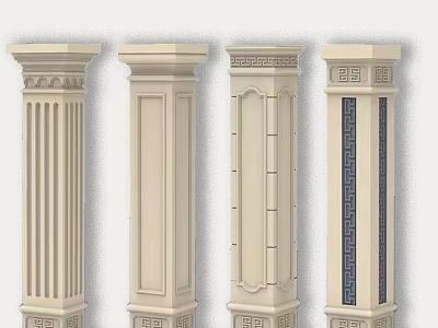 Classical Roman Columns Featuring Various Decorative Patterns And Beige Design Details 3d model