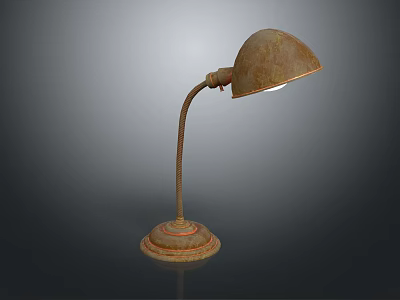 Vintage Rustic Table Lamp With Curved Metal Arm Round Base And Illuminated Dome Shade 3d model