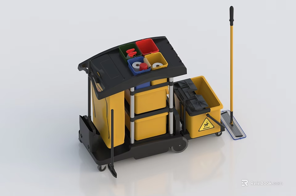 Sturdy Yellow Black Hardware Cleaning Cart with Wheels Mop and Warning Sign 3d model 