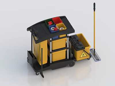 Sturdy Yellow Black Hardware Cleaning Cart with Wheels Mop and Warning Sign 3d model