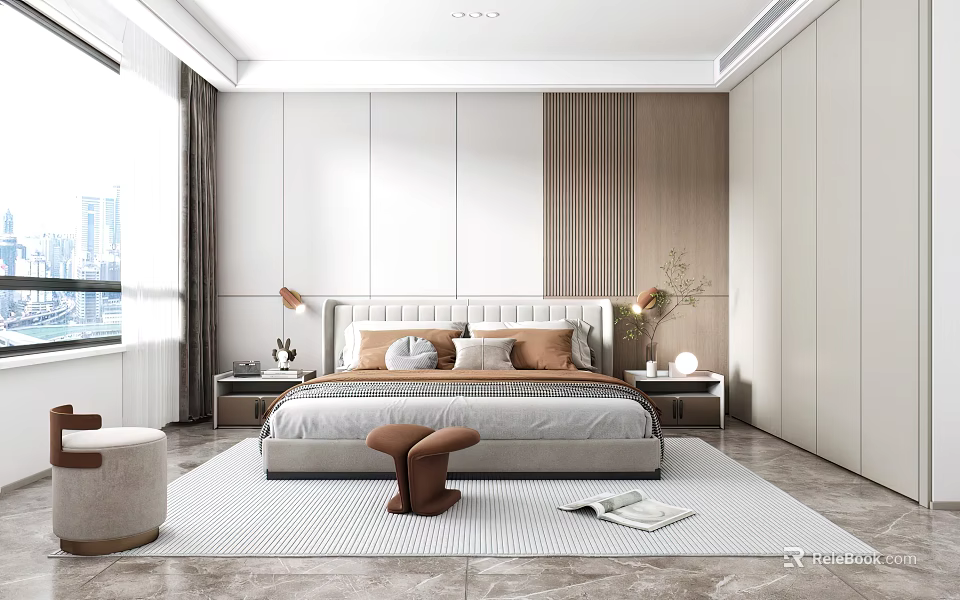 Modern Bedroom Interior Design With Upholstered Bed Nightstands Table Lamps Soft Curtains And Area Rug 3d model 
