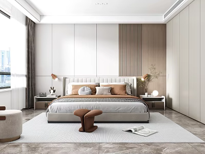 Modern Bedroom Interior Design With Upholstered Bed Nightstands Table Lamps Soft Curtains And Area Rug 3d model