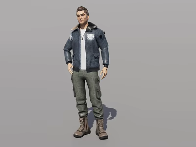 Man Wearing Denim Jacket White T-Shirt Cargo Pants And Brown Boots In Standing Pose 3d model