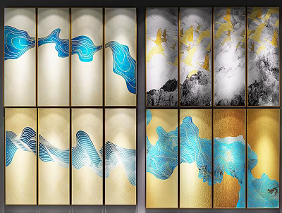 Modern Abstract Paintings With Blue Gold White Gray Tones And Flowing Wave Patterns 3d model