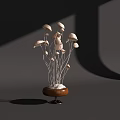 Decorative Ornament Set Featuring Mushroom Shaped Light Tops White Stems on Brown Wooden Base