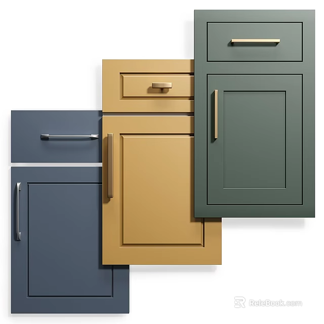 Stylish Colorful Kitchen Cabinets with Blue Gold Green Doors Drawers and Metal Handles 3d model 