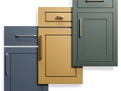 Stylish Colorful Kitchen Cabinets with Blue Gold Green Doors Drawers and Metal Handles 3d model