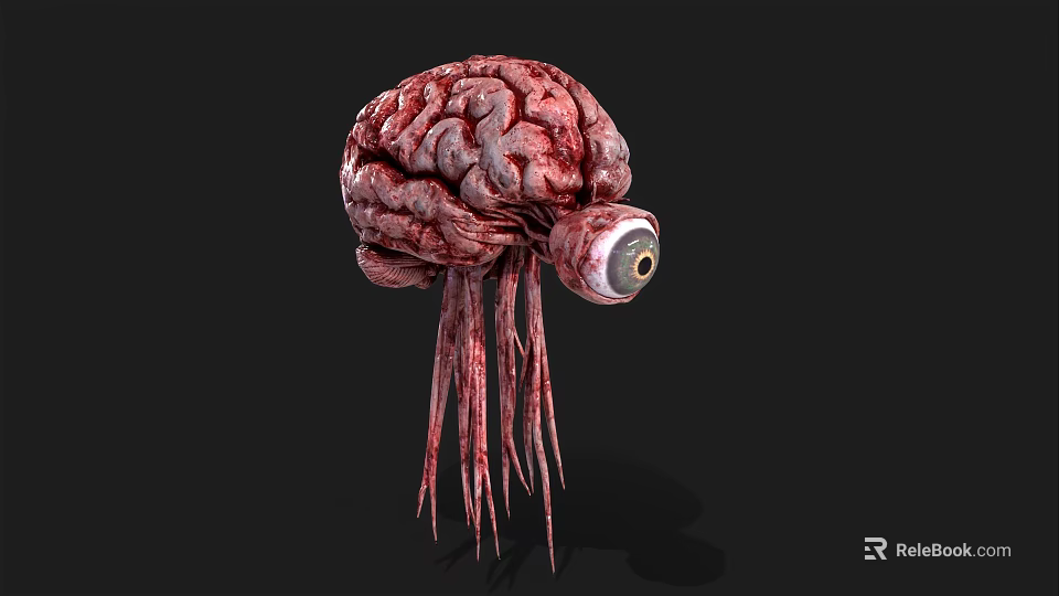 Red Brain Like Creature With Large Eye And Tentacles On Black Background 3d model 