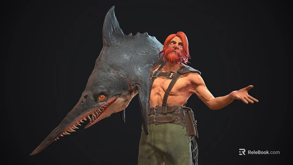 Muscular Red Haired Bearded Game Movie Character Carrying Shark Over Shoulder With Sharp Teeth 3d model 