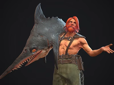 Muscular Red Haired Bearded Game Movie Character Carrying Shark Over Shoulder With Sharp Teeth 3d model