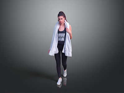 Woman in Black Workout Leggings and Top with White Towel Over Shoulders 3d model