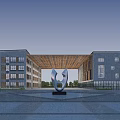 Modern School Building Featuring Symmetrical White Exterior Central Sculpture Large Windows And People Around