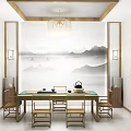 Traditional Chinese Style Store Interior With Circular Window Wall Decorations Potted Plants And Tea Sets