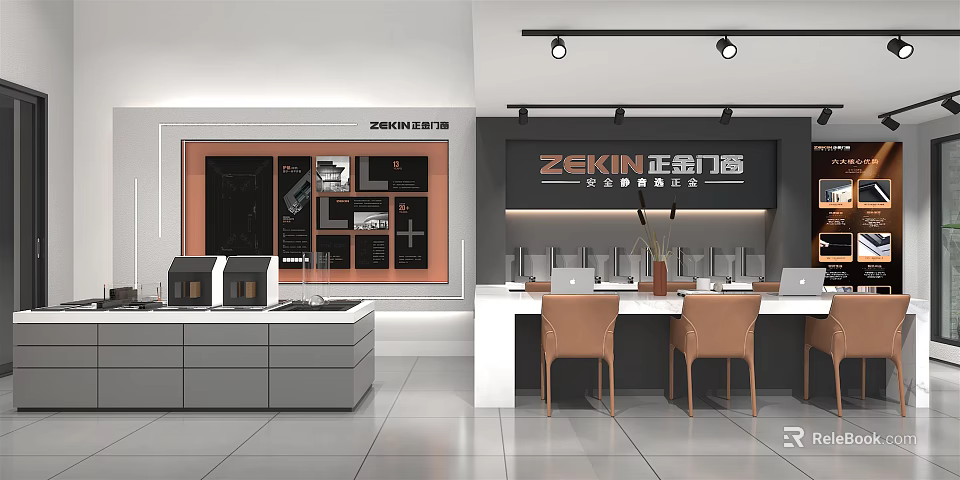 ZEKIN Showroom Displaying Modern Door And Window Products With Cabinets And Tables 3d model 