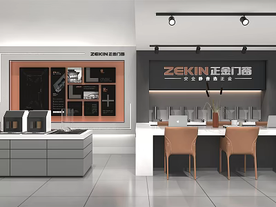 ZEKIN Showroom Displaying Modern Door And Window Products With Cabinets And Tables 3d model