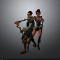 Adventurous Male Female Characters Holding Red Weapon Wearing Sexy Outfit Standing Together