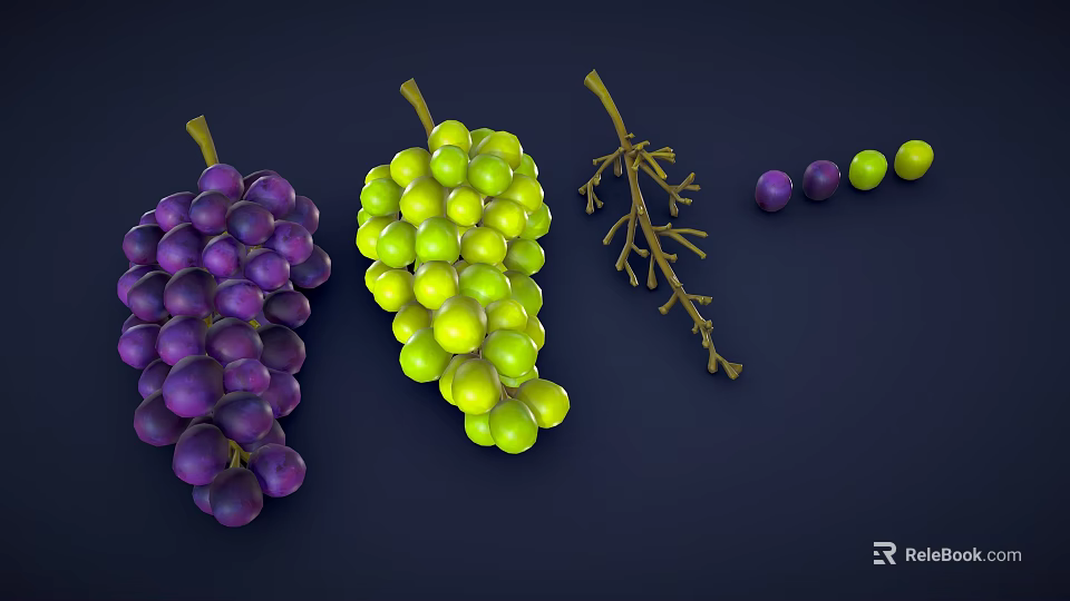 Fresh Purple And Green Grapes With Grape Branch And Scattered Fruits On Dark Blue Background 3d model 