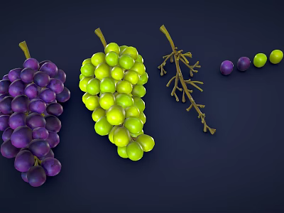 Fresh Purple And Green Grapes With Grape Branch And Scattered Fruits On Dark Blue Background 3d model