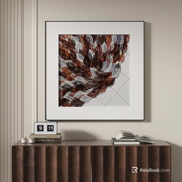 Feather Pattern Artwork Brown White Design Hanging on Wall Above Wooden Cabinet Books And Calendar 3d model 