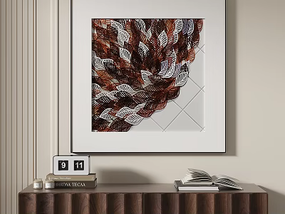 Feather Pattern Artwork Brown White Design Hanging on Wall Above Wooden Cabinet Books And Calendar 3d model