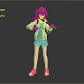 Red Haired Girl In Pink Jacket Holding Violin With Green Shorts And Pink Shoes