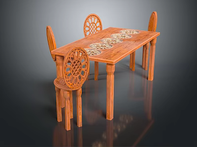 Wooden Dining Table Set With Intricate Carved Chairs And Decorative Tabletop 3d model