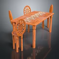 Wooden Dining Table Set With Intricate Carved Chairs And Decorative Tabletop