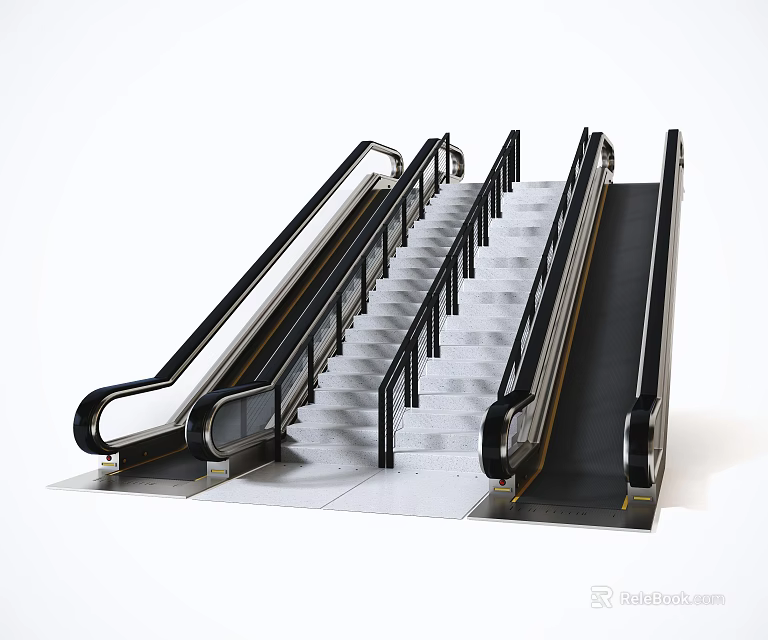 Dual Modern Escalators With Central Stairs And Metal Handrails Design 3d model 