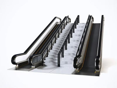 Dual Modern Escalators With Central Stairs And Metal Handrails Design 3d model