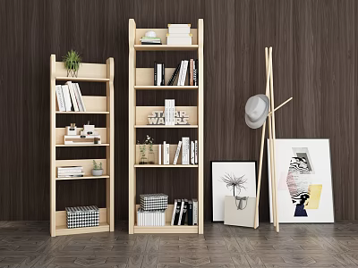 Light Wooden Bookshelves In Interior With Books Decorative Plants Boxes Picture Frames And Hat Stand 3d model