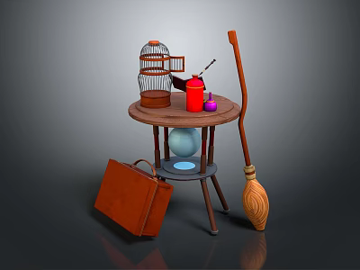 Vintage Bird in Ornate Birdcage on Wooden Table with Broom and Leather Briefcase 3d model