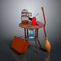 Vintage Bird in Ornate Birdcage on Wooden Table with Broom and Leather Briefcase